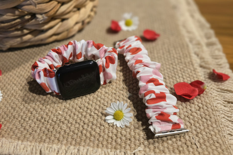 white with red and pink hearts scrunchie watchband